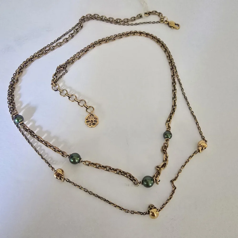 Alexander McQueen Layered Skull Beads Necklace Bronze Green - Picture 5 of 9